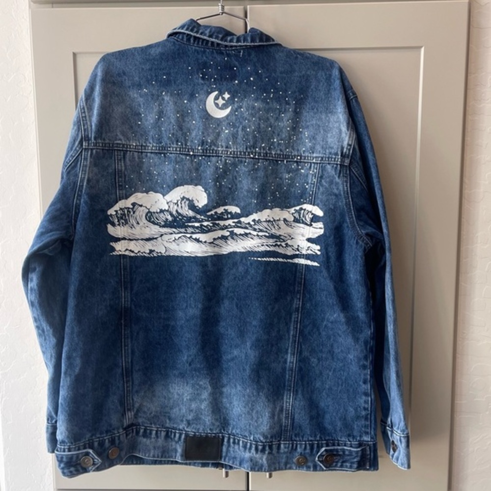 The Tubbo Moment By The Sea Denim Jean Zip Up Mountain Moon Stars Graphic Jacket
